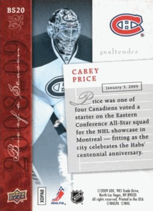 2008-09 Upper Deck Biography of a Season #BS20 Carey Price