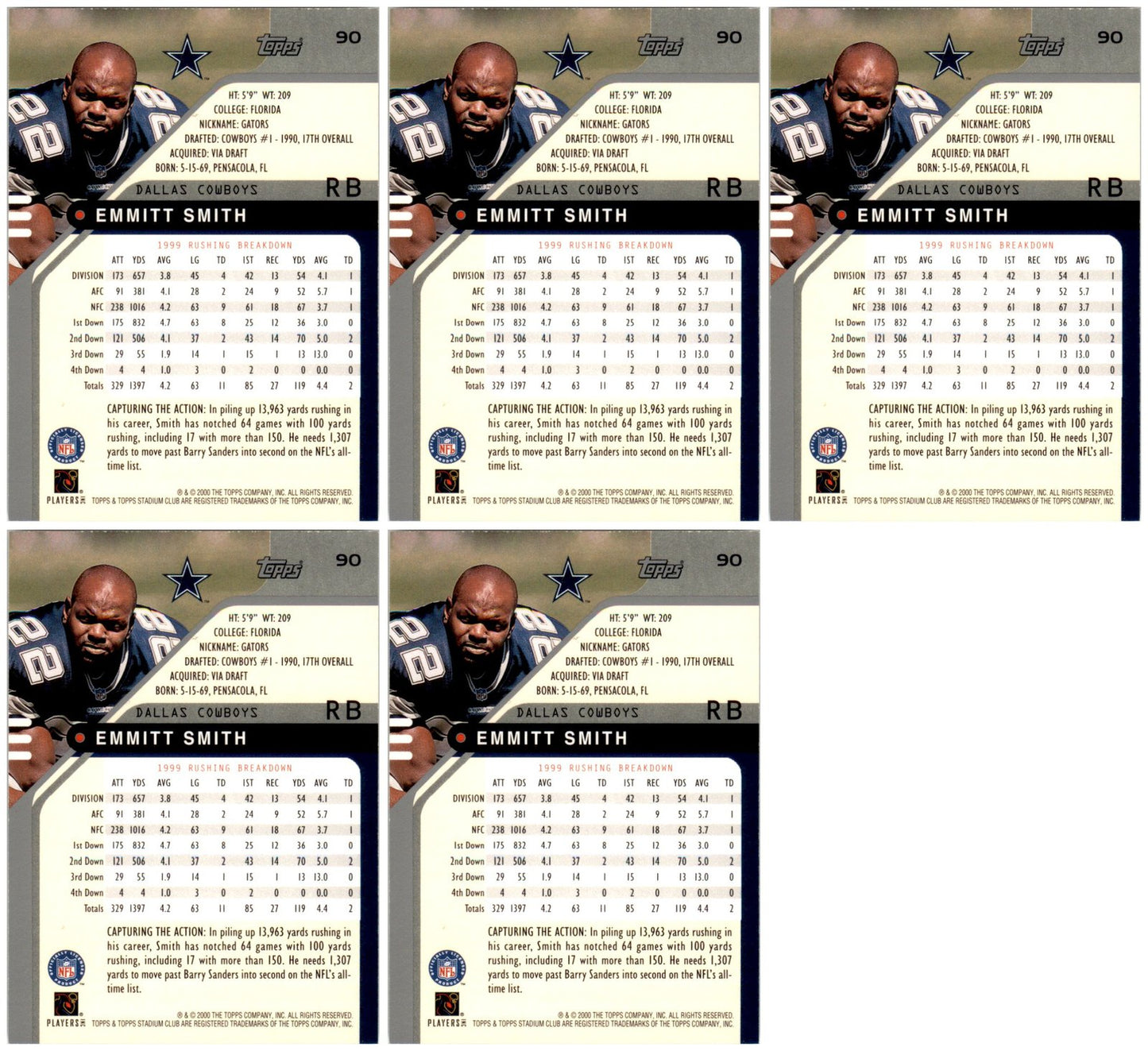 (5) 2000 Stadium Club #90 Emmitt Smith Dallas Cowboys Card Lot