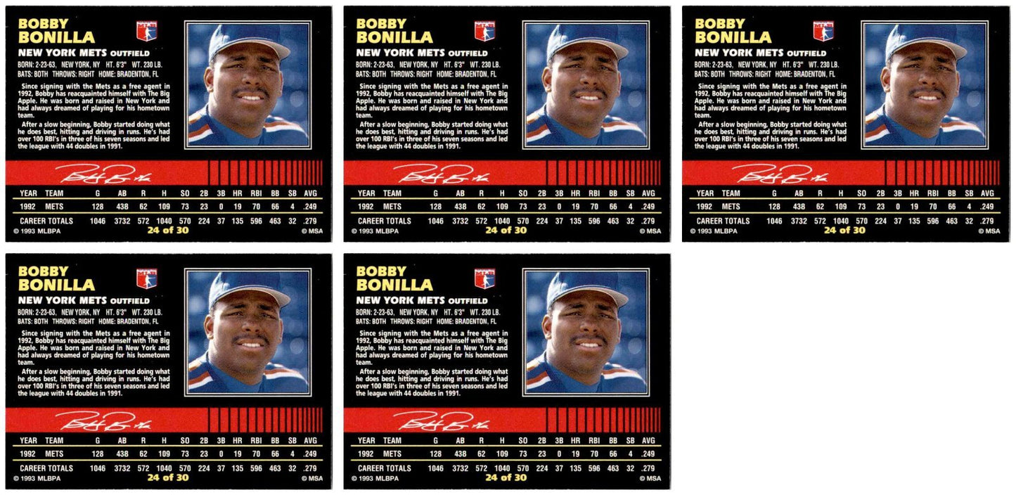 (5) 1993 Post Cereal Baseball #24 Bobby Bonilla Mets Baseball Card Lot