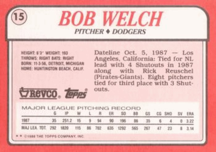 1988 Topps Revco League Leaders Baseball #15 Bob Welch Los Angeles Dodgers