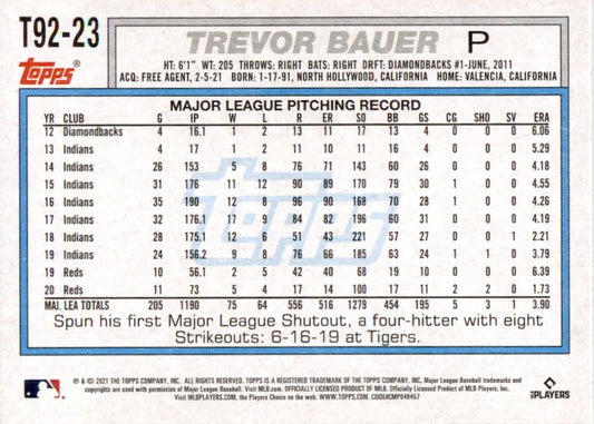 2021 Topps Update 1992 Redux Border #T92-23 Trevor Bauer Los Angeles Dodgers