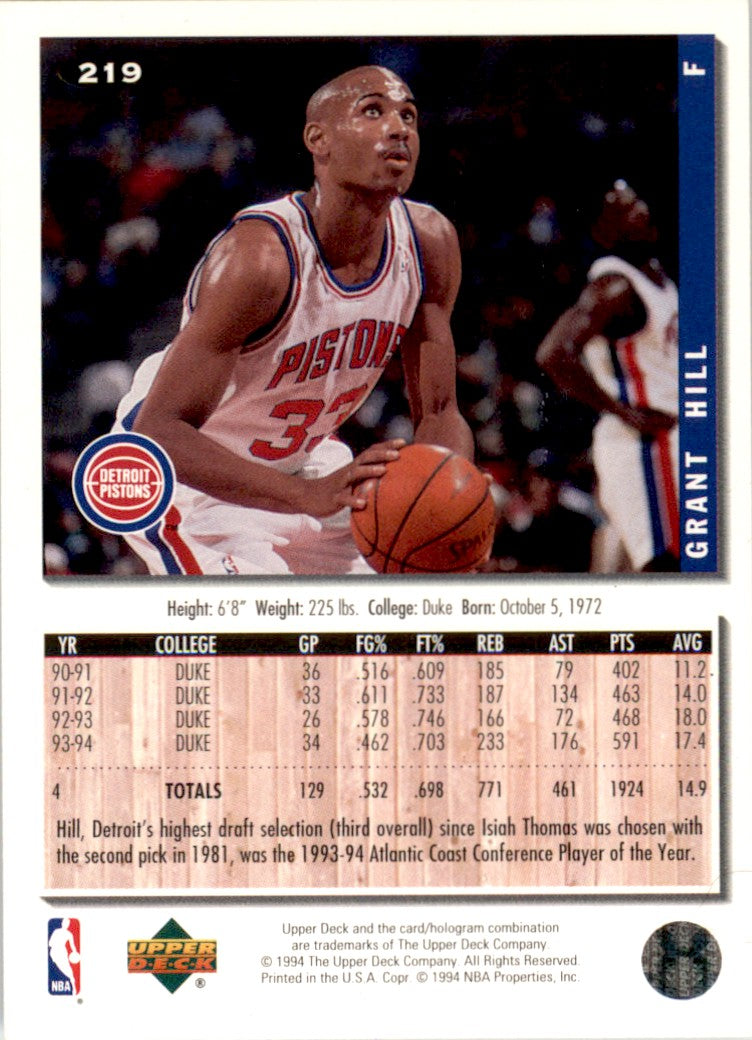1994 Collector's Choice Silver Signature #219 Grant Hill Detroit Pistons