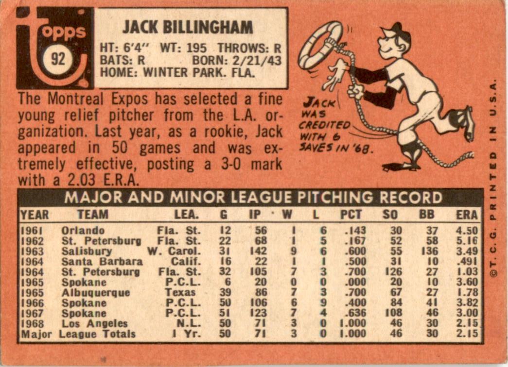 1969 Topps #92 Jack Billingham Montreal Expos GD+