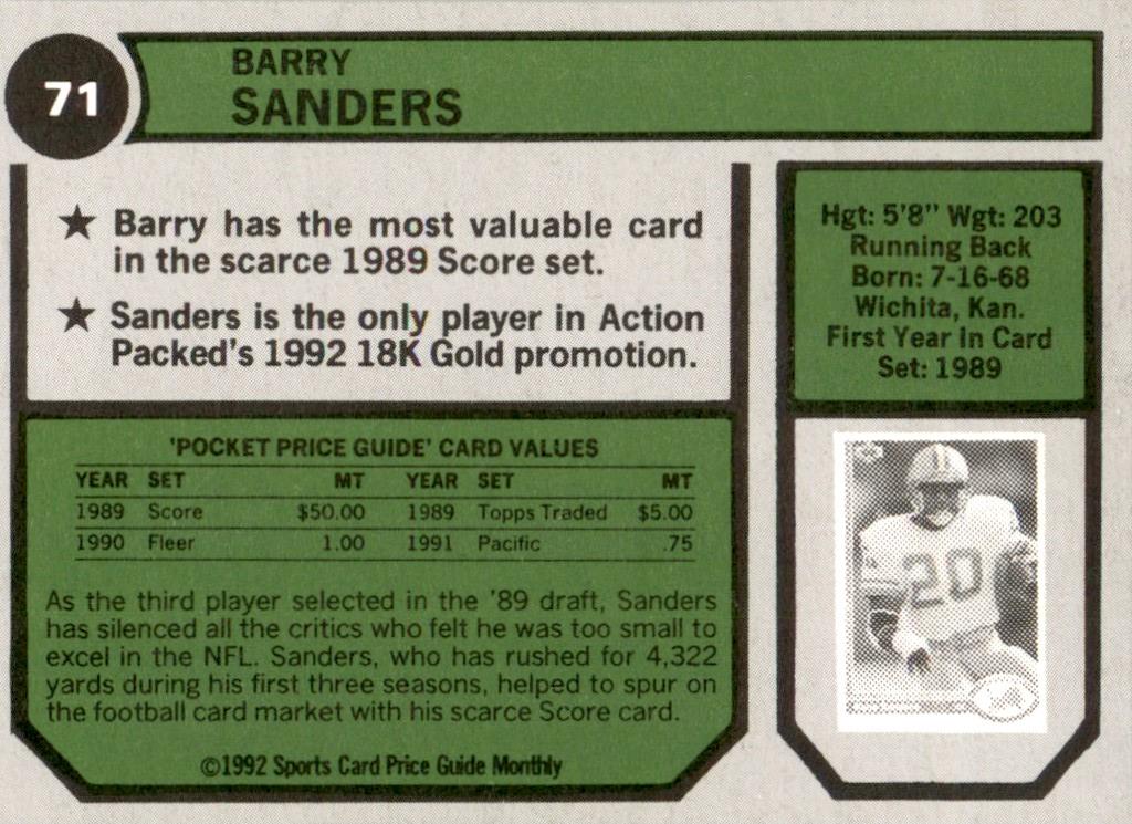 1992 SCD #71 Barry Sanders Detroit Lions