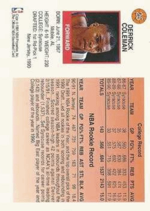 1991-92 Hoops McDonald's Basketball 25 Derrick Coleman