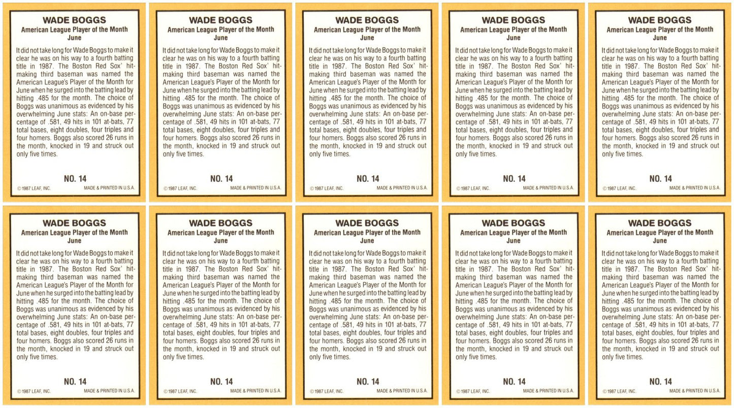 (10) 1987 Donruss Highlights #14 Wade Boggs Boston Red Sox Card Lot