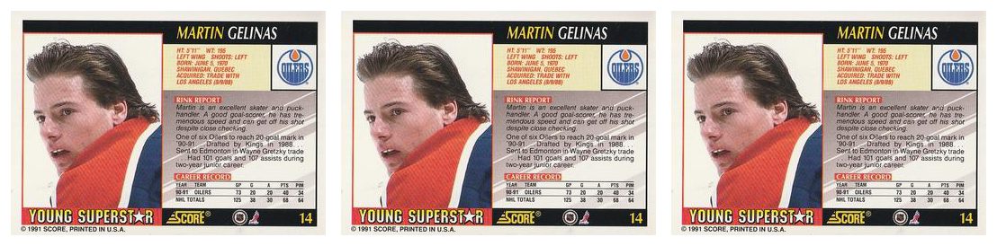 (3) 1991-92 Score Young Superstars Hockey #14 Martin Gelinas Card Lot Oilers