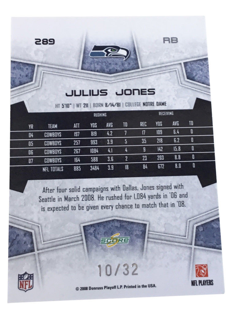 2008 Score - Artist's Proof #289 Julius Jones Seattle Seahawks /32