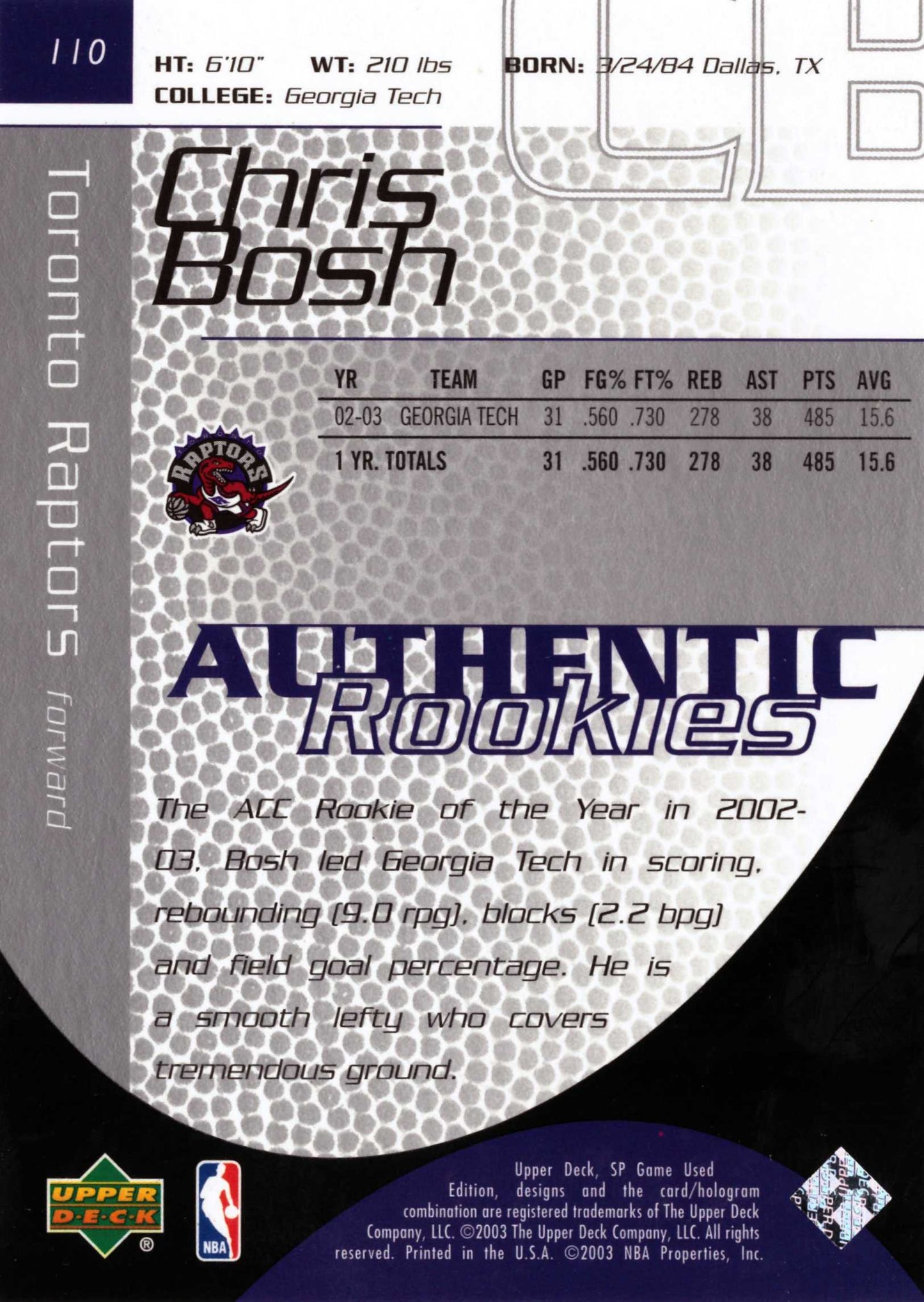 2003-04 SP Game Used #110 Chris Bosh RC /999 Toronto Raptors