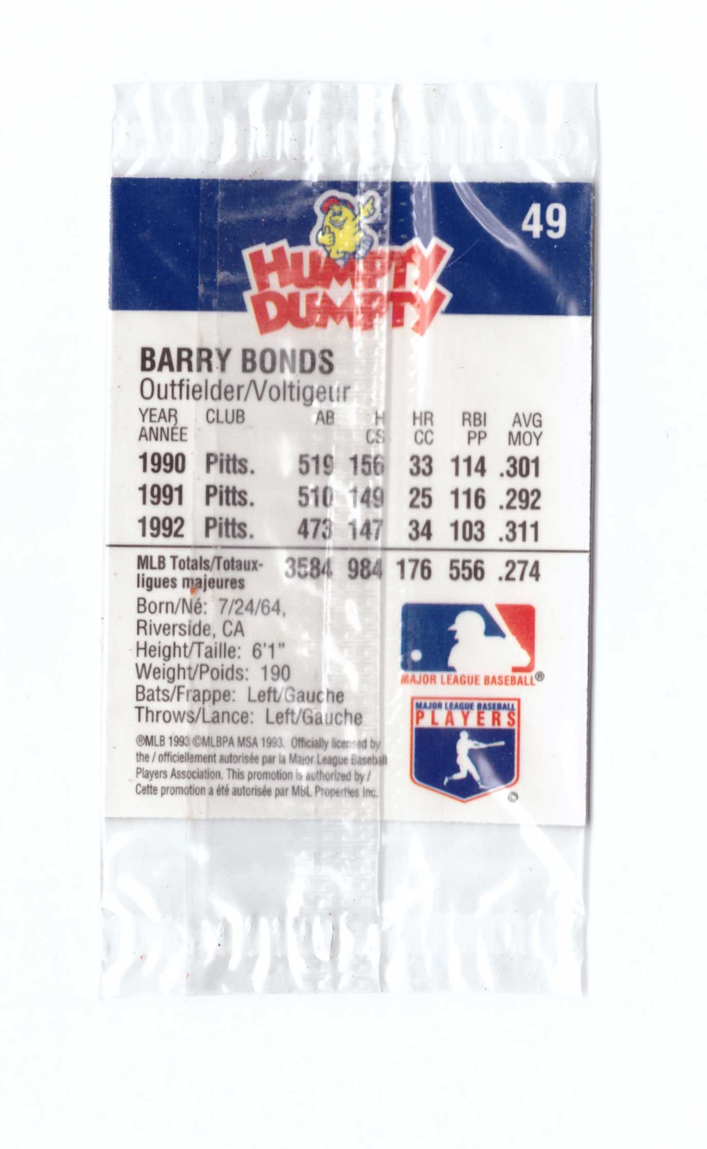 1993 Humpty Dumpty Canadian #49 Barry Bonds San Francisco Giants Sealed