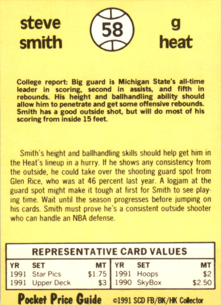 1991 SCD #58 Steve Smith Michigan State