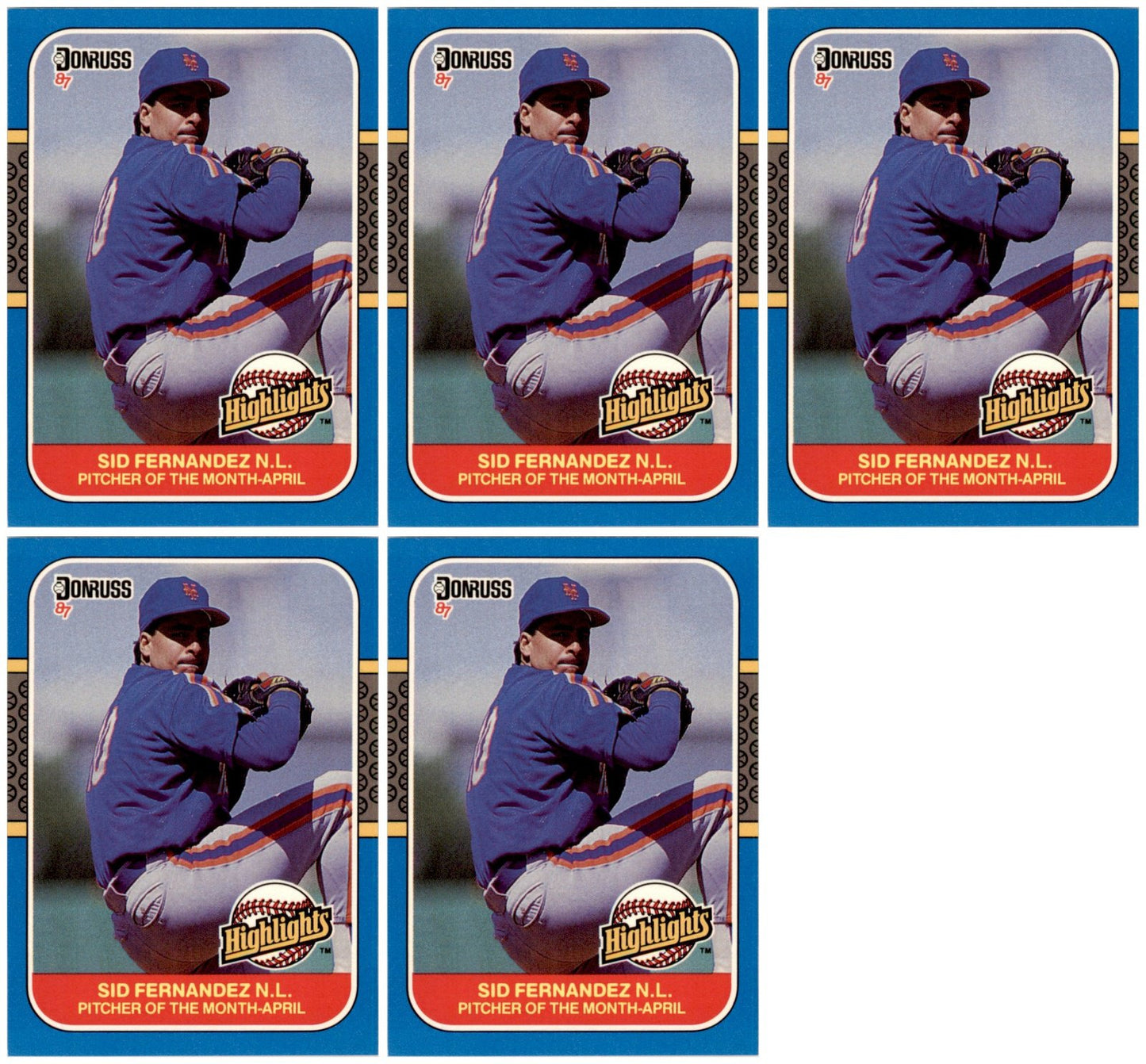 (5) 1987 Donruss Highlights #4 Sid Fernandez New York Mets Card Lot